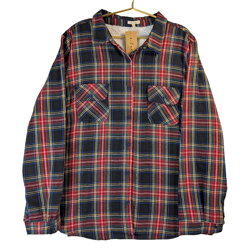 e Luna Women's 2X Plaid Flannel Sherpa Lined Button Up Shirt Jacket